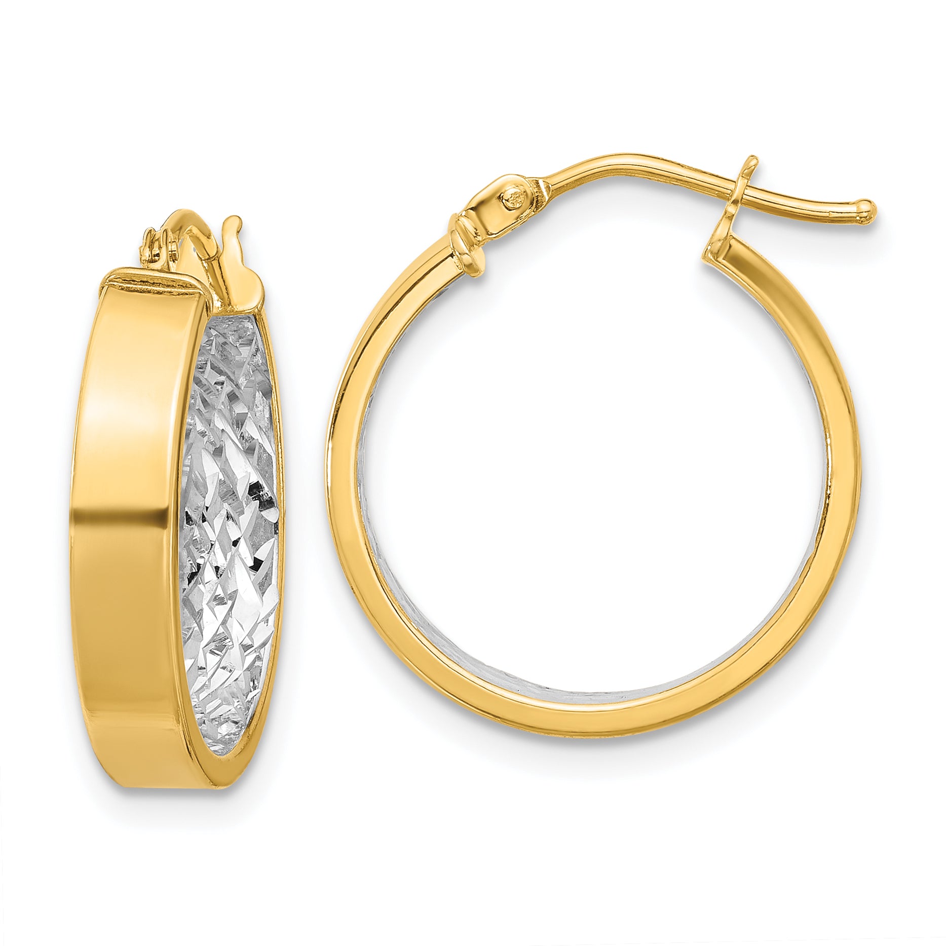 10K w/ White Rhodium Polished and Diamond-cut Hoop Earrings