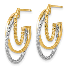 10K W/White Rhodium Polished/Twisted Oval J-Hoop Post Earrings