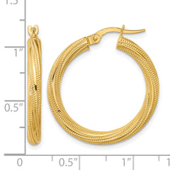 10k Polished and Textured Twisted Tube Hoop Earrings