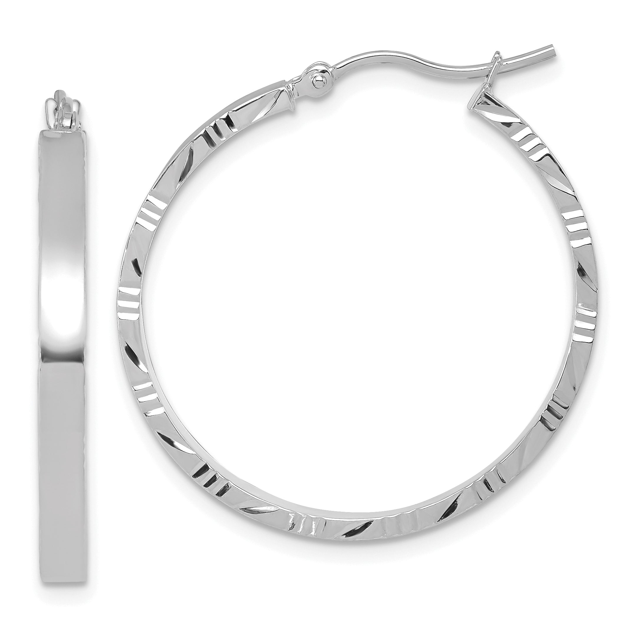 10k White Gold D/C Edge Large 3mm Polished Hoop Earrings