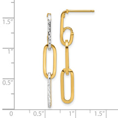10K w/ White Rhod Polished/Dia-cut Link Dangle Earrings