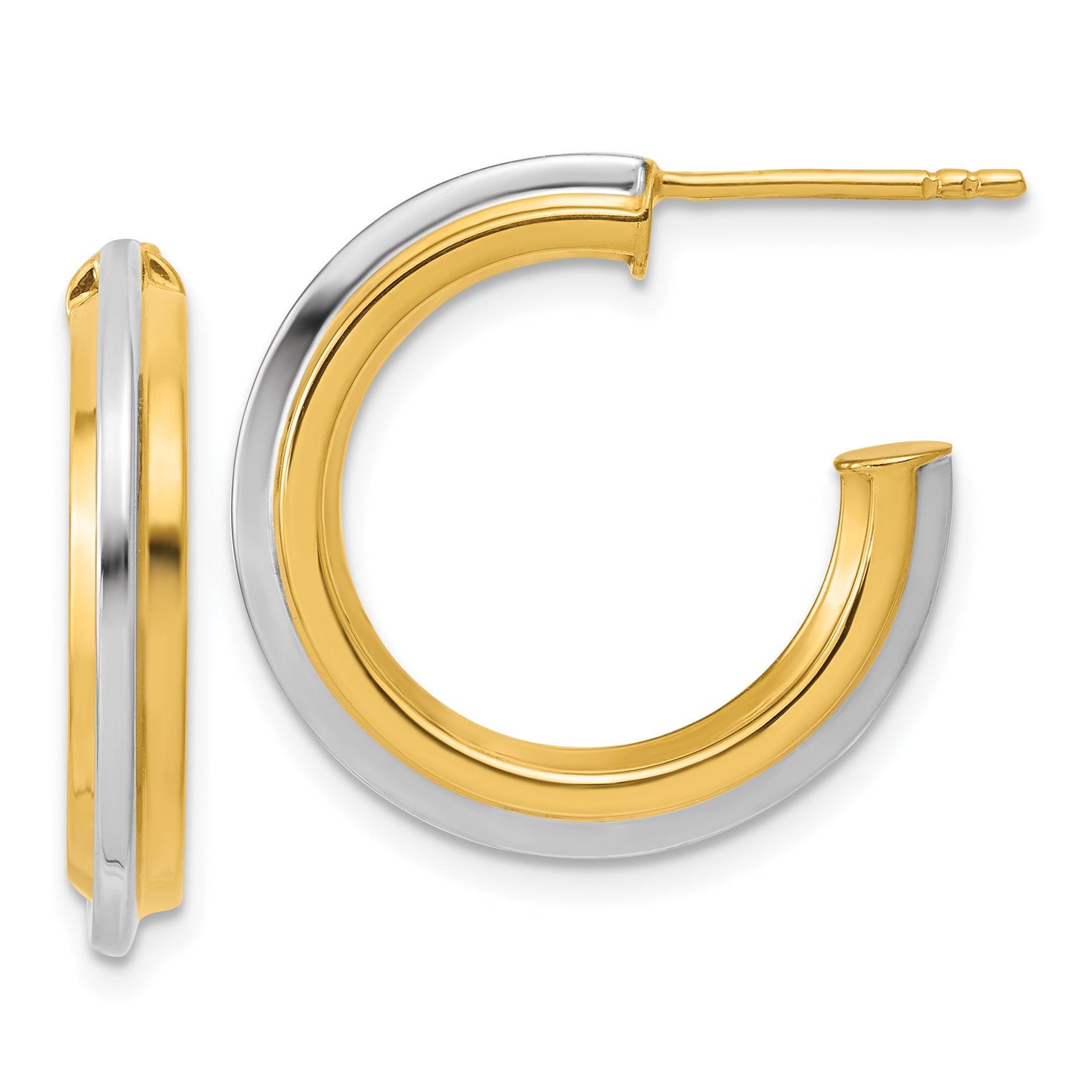 10K w/Rhodium Polished and Grooved J-Hoop Post Earrings