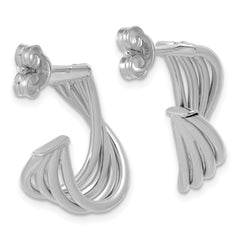 10K w/Rhodium-plating Polished 3-Row Twist J-Hoop Post Earrings