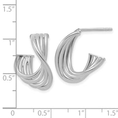 10K w/Rhodium-plating Polished 3-Row Twist J-Hoop Post Earrings