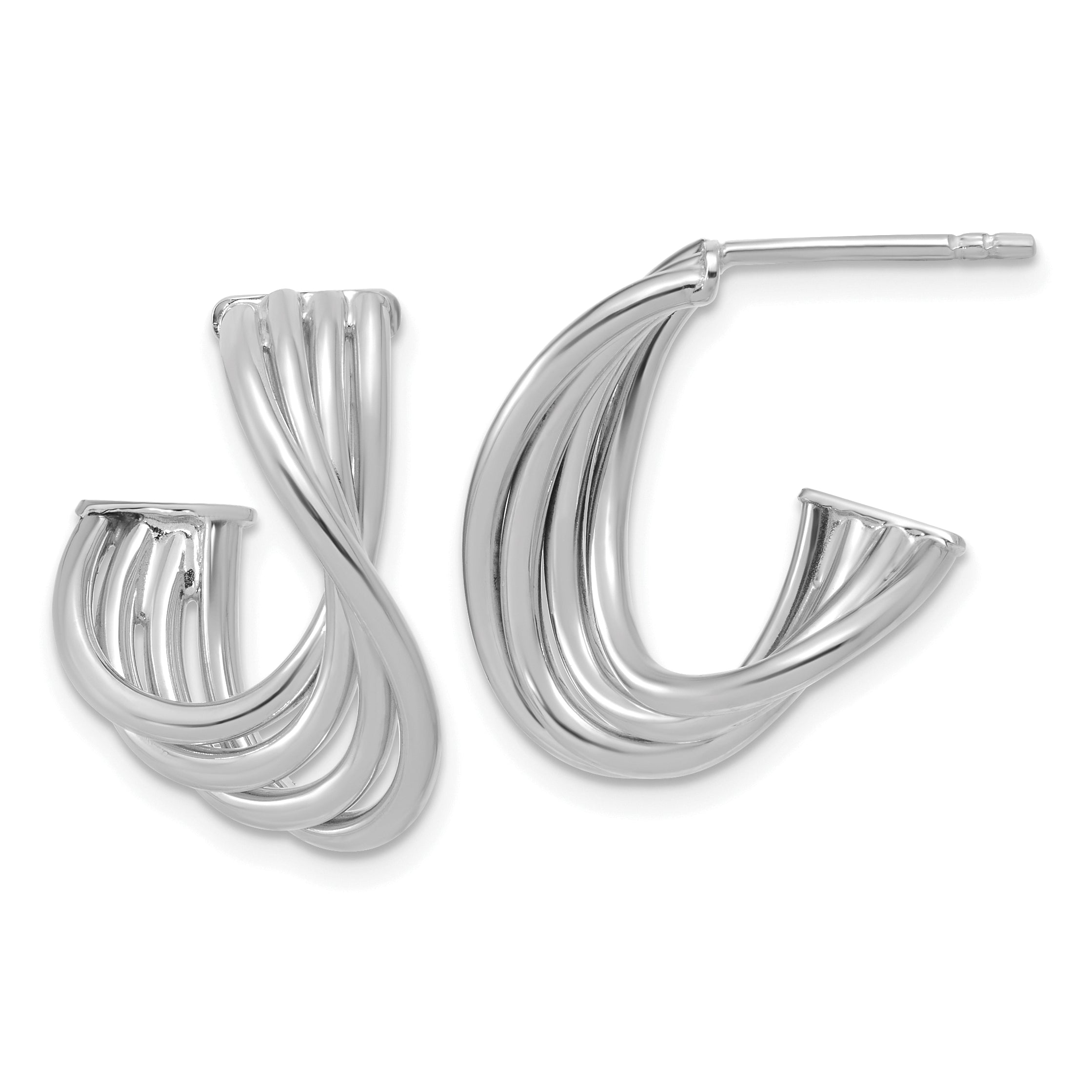 10K w/Rhodium-plating Polished 3-Row Twist J-Hoop Post Earrings