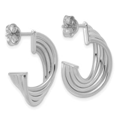 10K w/Rhodium Polished 3-Row Twist J-Hoop Post Earrings