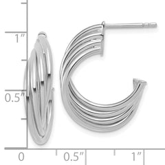 10K w/Rhodium Polished 3-Row Twist J-Hoop Post Earrings
