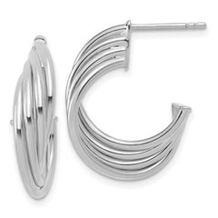 10K w/Rhodium Polished 3-Row Twist J-Hoop Post Earrings