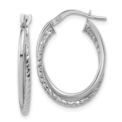 10K White Gold Polished Textured Oval Hoop Earrings