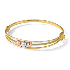 10K Tri-color Polished Beads Hinged Bangle
