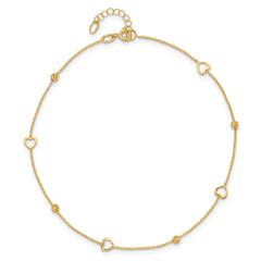 10K Polished and Dia-cut Heart 10in Plus 1in ext. Anklet