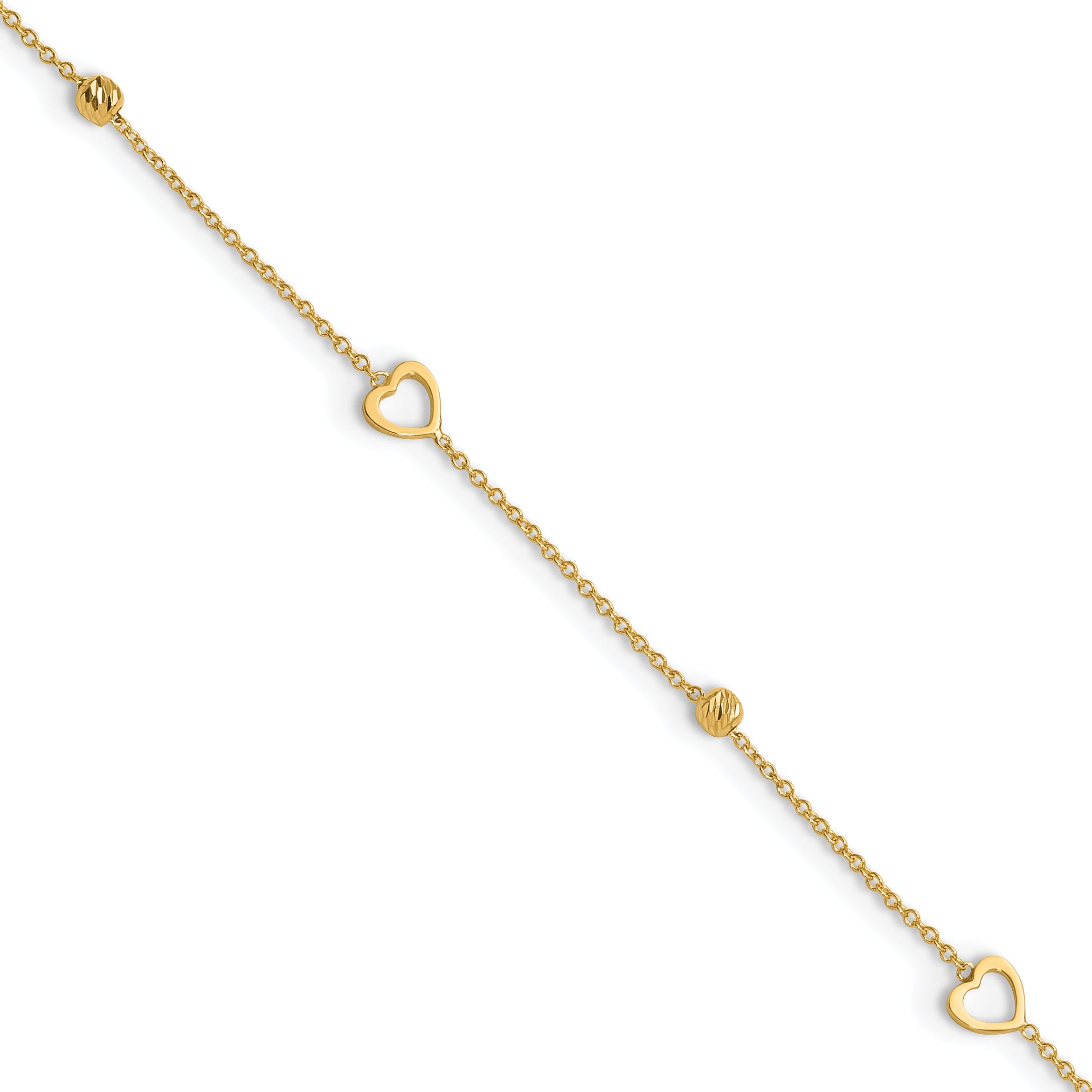 10K Polished and Dia-cut Heart 10in Plus 1in ext. Anklet