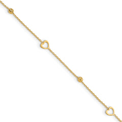 10K Polished and Dia-cut Heart 10in Plus 1in ext. Anklet