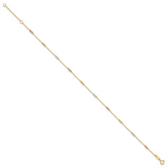 10K Tri-color Polished with D/C Bead 9in Plus 1in. ext. Anklet