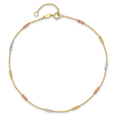 10K Tri-color Polished with D/C Bead 9in Plus 1in. ext. Anklet