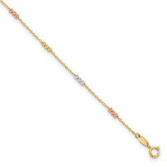 10K Tri-color Polished with D/C Bead 9in Plus 1in. ext. Anklet