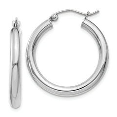 10k White Gold Polished 3mm Lightweight Tube Hoop Earrings