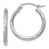 10k White Gold Satin and Diamond-cut 2mm Round Hoop Earrings