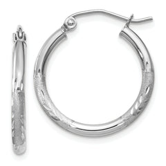 10k White Gold Satin and Diamond-cut 2mm Round Hoop Earrings