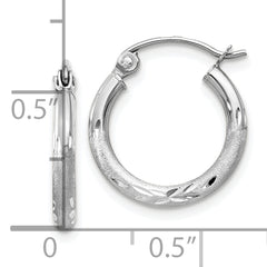10k White Gold Satin and Diamond-cut 2mm Round Hoop Earrings