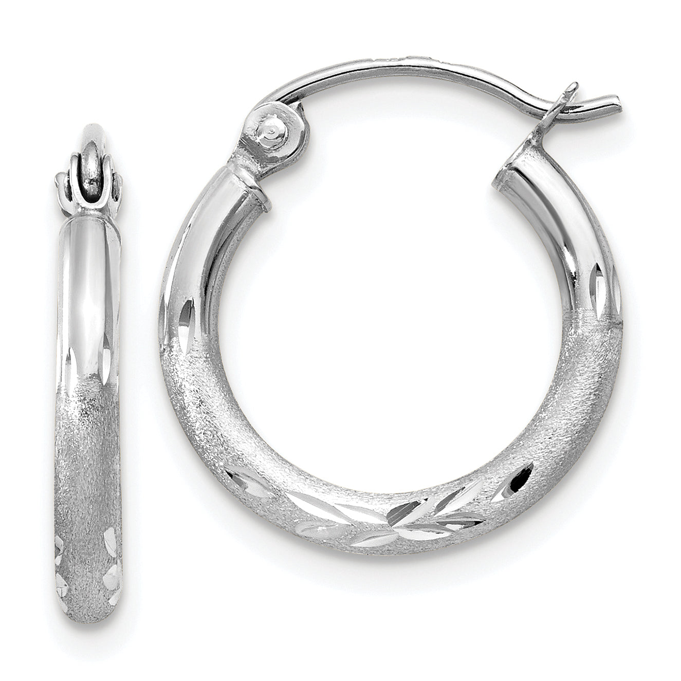 10k White Gold Satin and Diamond-cut 2mm Round Hoop Earrings