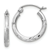 10k White Gold Satin and Diamond-cut 2mm Round Hoop Earrings