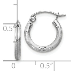 10k White Gold Satin and Diamond-cut 2mm Round Hoop Earrings