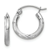 10k White Gold Satin and Diamond-cut 2mm Round Hoop Earrings