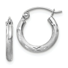 10k White Gold Satin and Diamond-cut 2mm Round Hoop Earrings