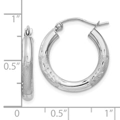 10k White Gold Satin & Diamond-cut 3mm Round Hoop Earrings