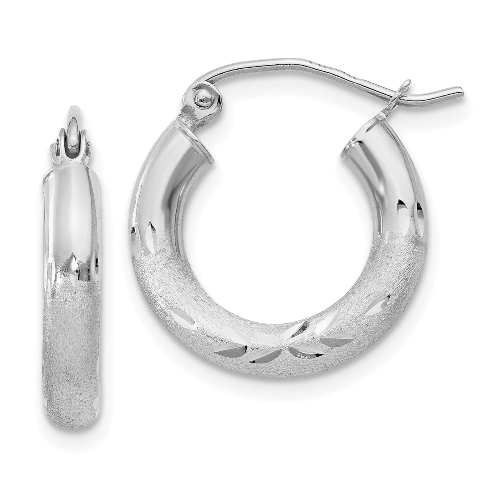 10k White Gold Satin & Diamond-cut 3mm Round Hoop Earrings