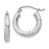 10k White Gold Satin & Diamond-cut 3mm Round Hoop Earrings