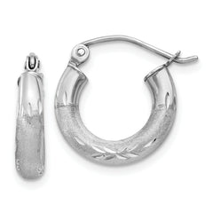 10k White Gold Satin & Diamond-cut 3mm Round Hoop Earrings