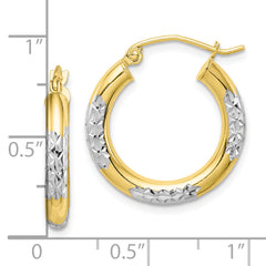 10K & Rhodium Diamond Cut 3mm Hoop Earrings