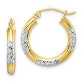 10K & Rhodium Diamond Cut 3mm Hoop Earrings