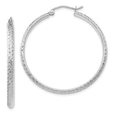 10k White Gold Diamond-cut 2.8x37mm Hollow Hoop Earrings