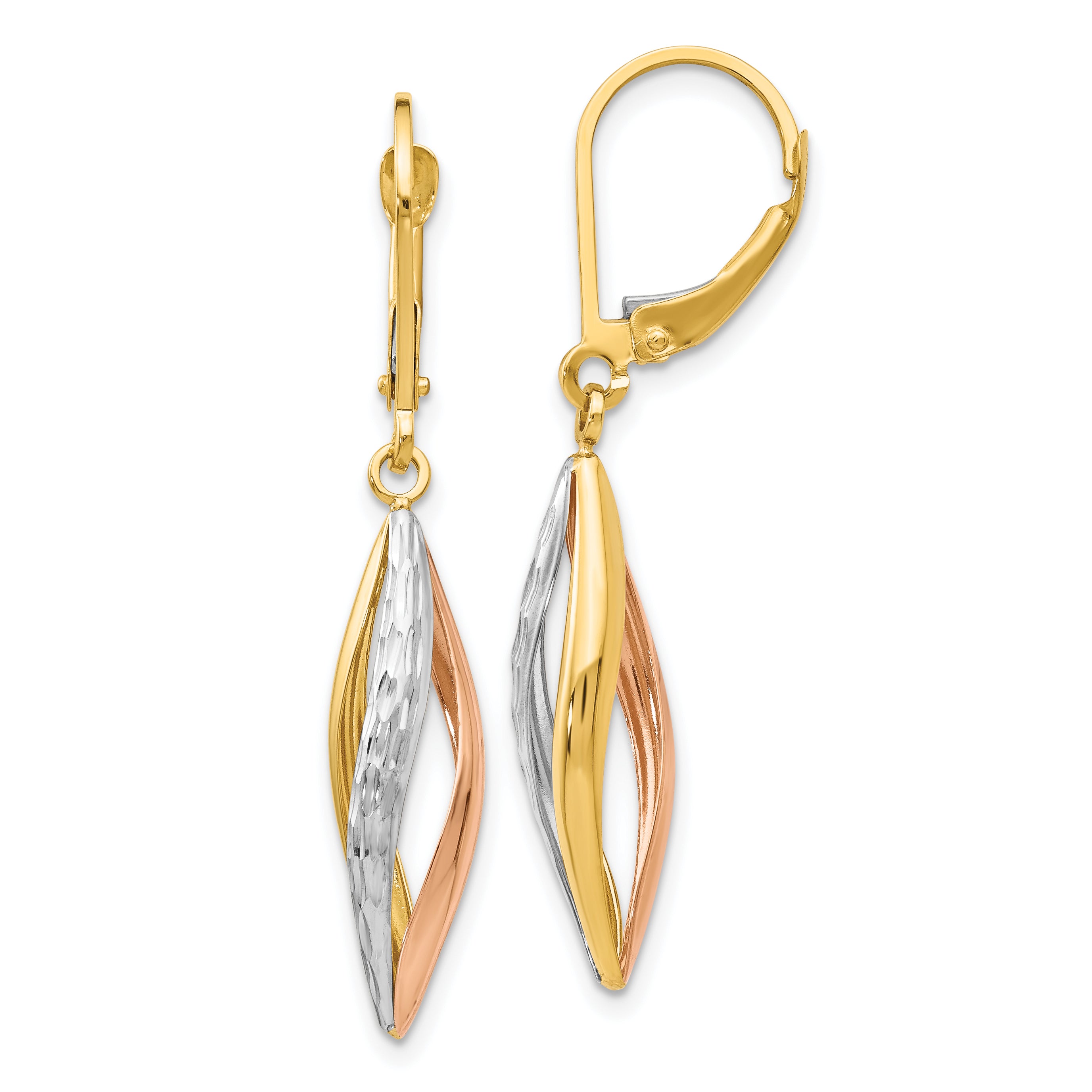 10k Two-tone with White Rhodium Diamond-cut Leverback Earrings