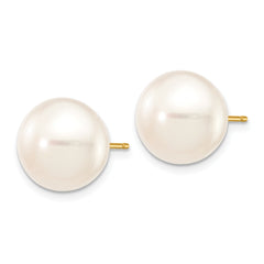10k 11-12mm White Button Freshwater Cultured Pearl Stud Post Earrings