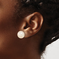 10k 13-14mm White Button Freshwater Cultured Pearl Stud Post Earrings