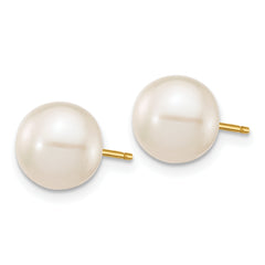 10k 8-9mm White Round Freshwater Cultured Pearl Stud Post Earrings