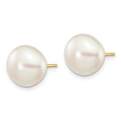 10k 9-10mm White Button Freshwater Cultured Pearl Stud Post Earrings