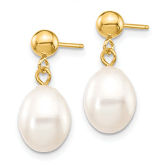 10k 7-8mm White Rice Freshwater Cultured Pearl Dangle Post Earrings