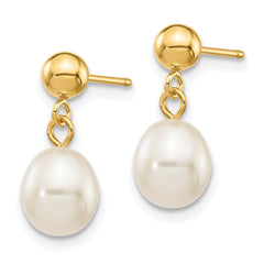 10k 6-7mm White Rice Freshwater Cultured Pearl Dangle Post Earrings