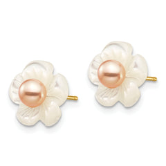 10k 3-4mm Pink Freshwater Cultured Pearl with 10mm Mother of Pearl Flower Post Earrings