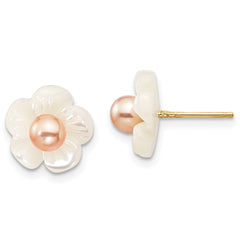 10k 3-4mm Pink Freshwater Cultured Pearl with 10mm Mother of Pearl Flower Post Earrings