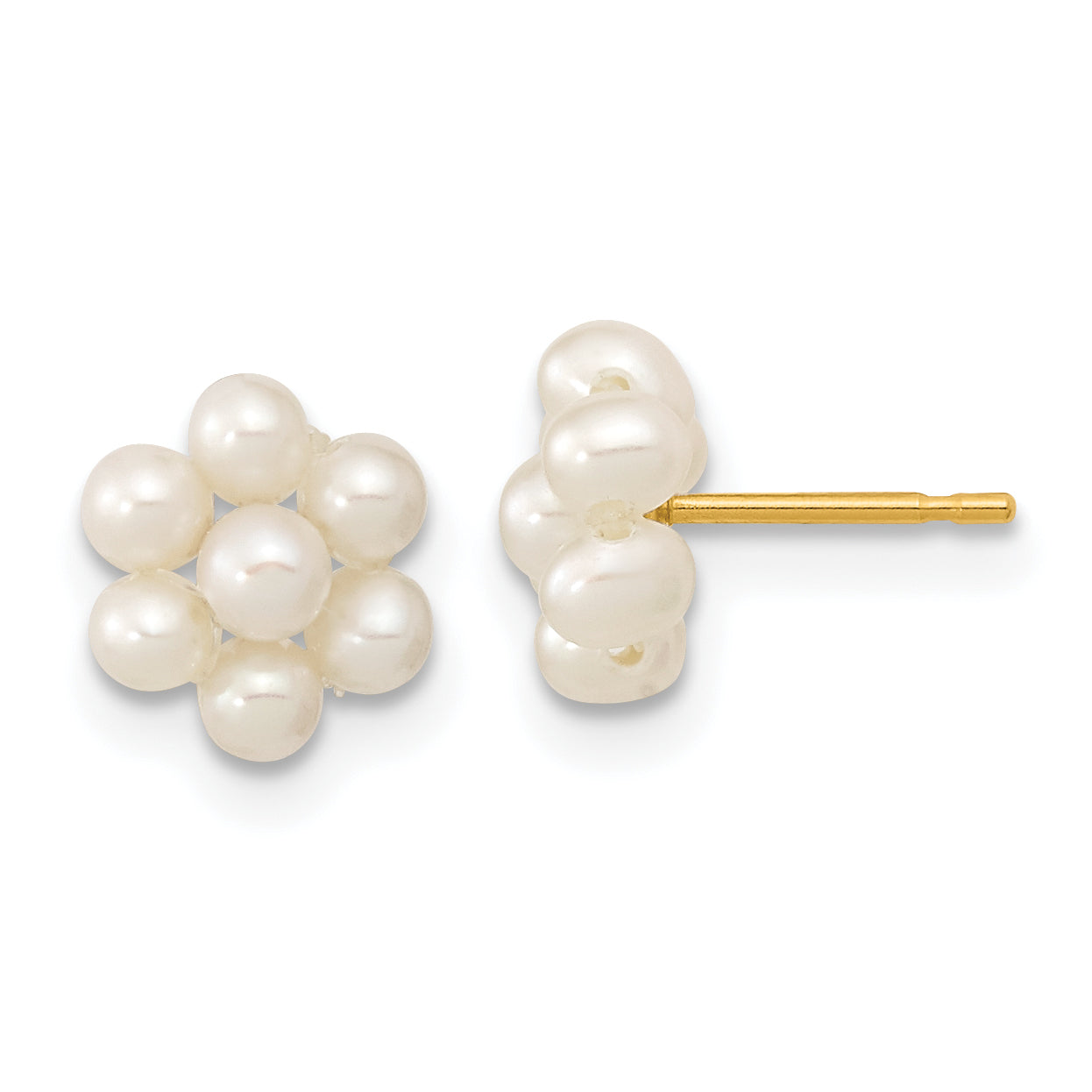 10k 2-3mm White Button Freshwater Cultured Pearl Flower Post Earrings