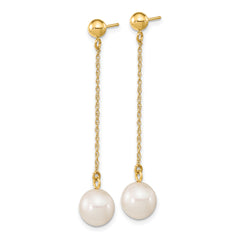 10k 7-8mm White Round Freshwater Cultured Pearl Dangle Post Earrings