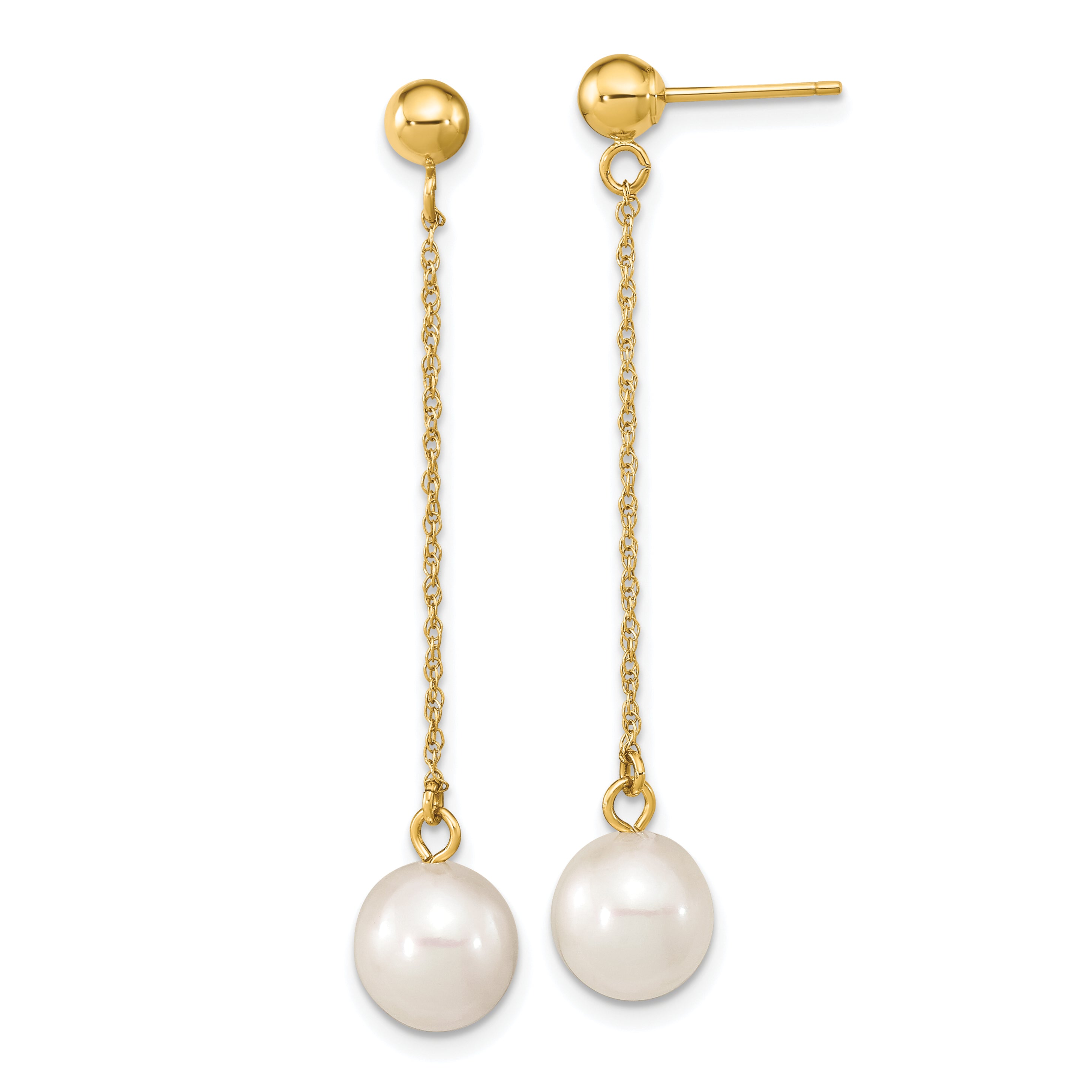 10k 7-8mm White Round Freshwater Cultured Pearl Dangle Post Earrings