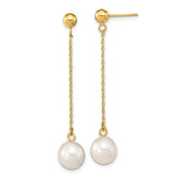 10k 7-8mm White Round Freshwater Cultured Pearl Dangle Post Earrings
