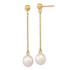 10k 7-8mm White Round Freshwater Cultured Pearl Dangle Post Earrings